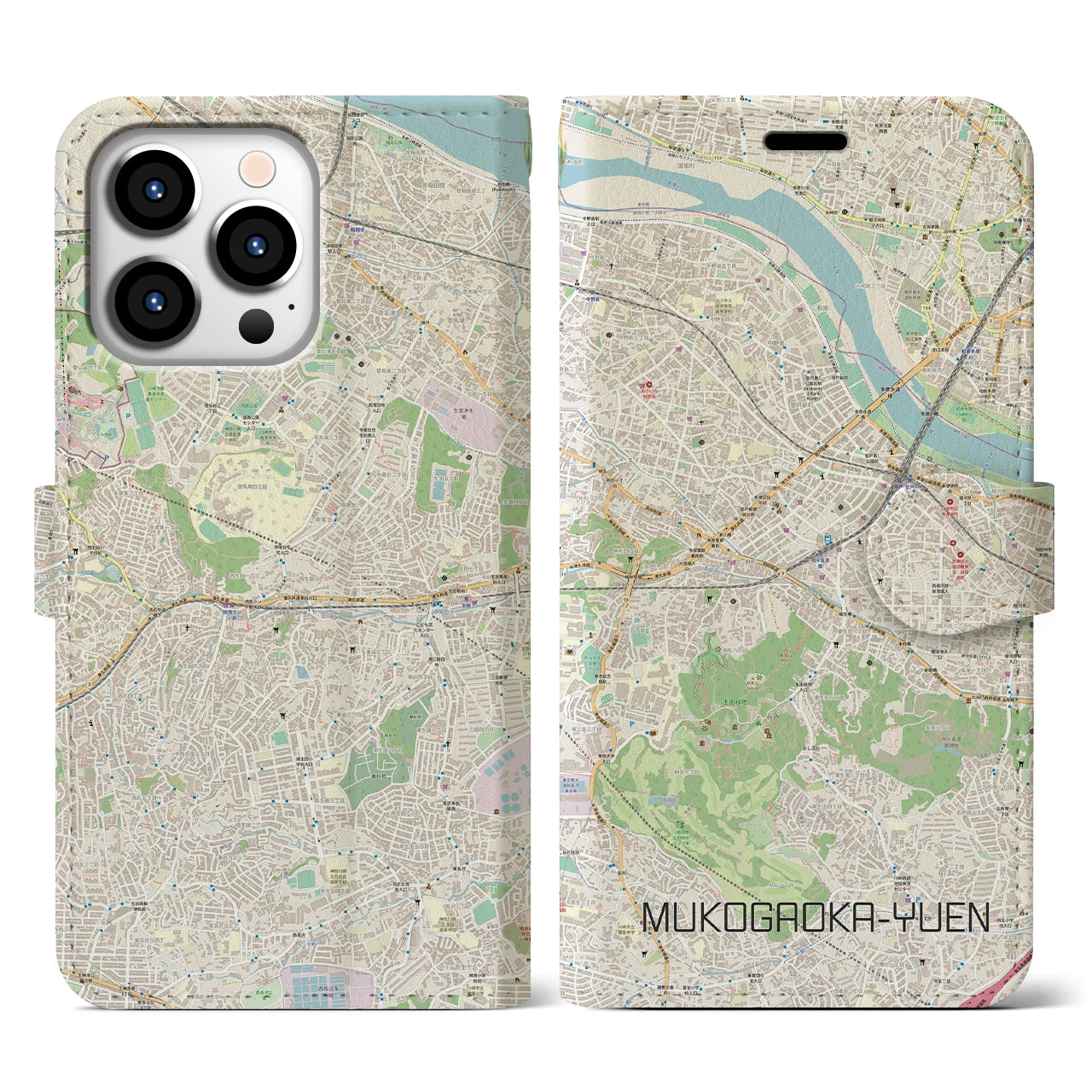 【向ヶ丘遊園】地図柄iPhoneケース（手帳両面タイプ・ナチュラル）iPhone 13 Pro 用