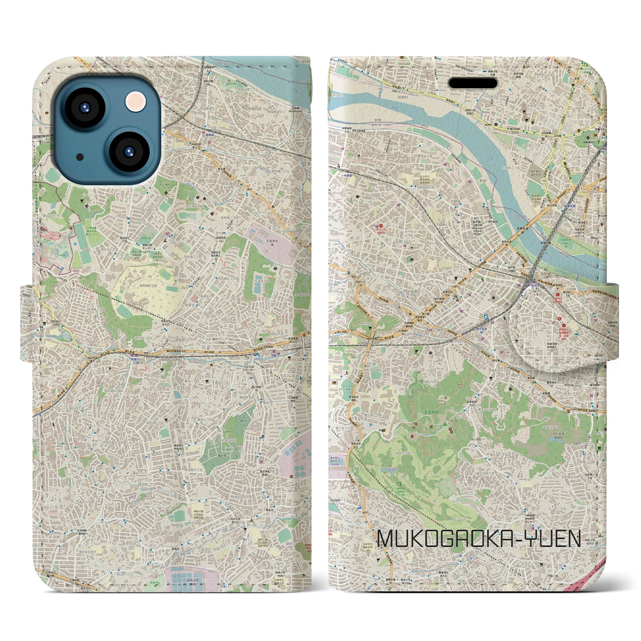 【向ヶ丘遊園】地図柄iPhoneケース（手帳両面タイプ・ナチュラル）iPhone 13 用