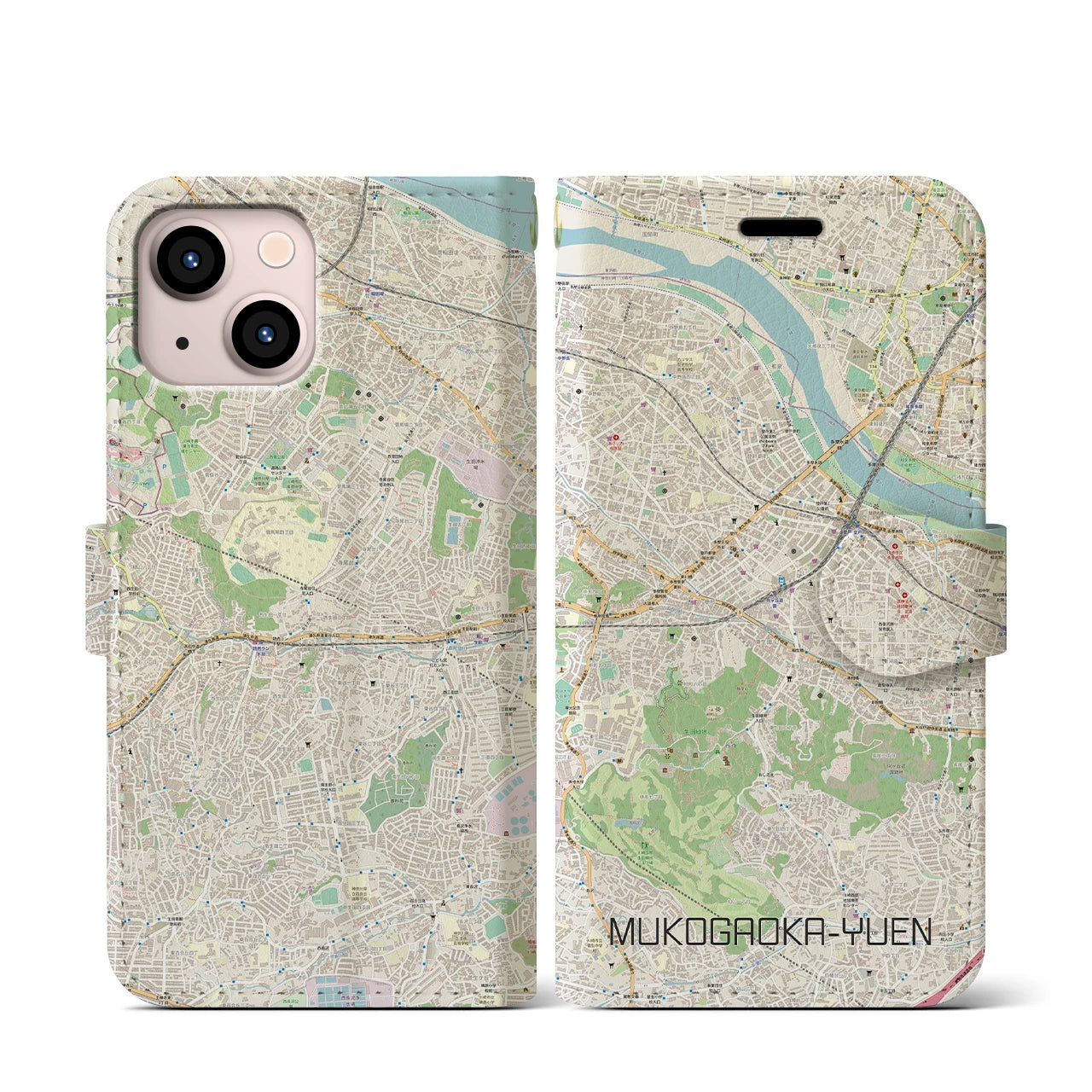【向ヶ丘遊園】地図柄iPhoneケース（手帳両面タイプ・ナチュラル）iPhone 13 mini 用