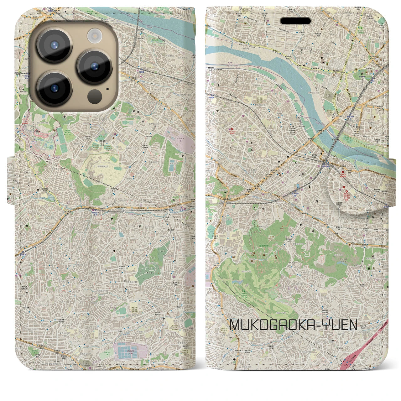 【向ヶ丘遊園】地図柄iPhoneケース（手帳両面タイプ・ナチュラル）iPhone 14 Pro Max 用