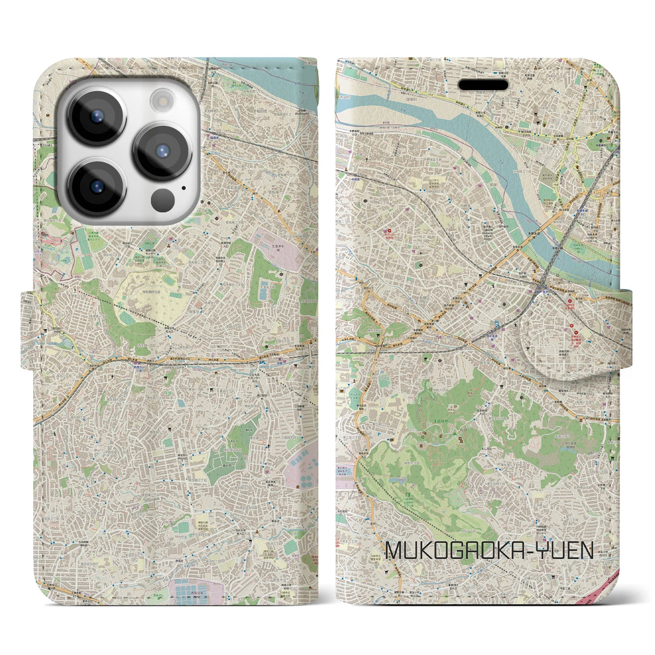 【向ヶ丘遊園】地図柄iPhoneケース（手帳両面タイプ・ナチュラル）iPhone 14 Pro 用