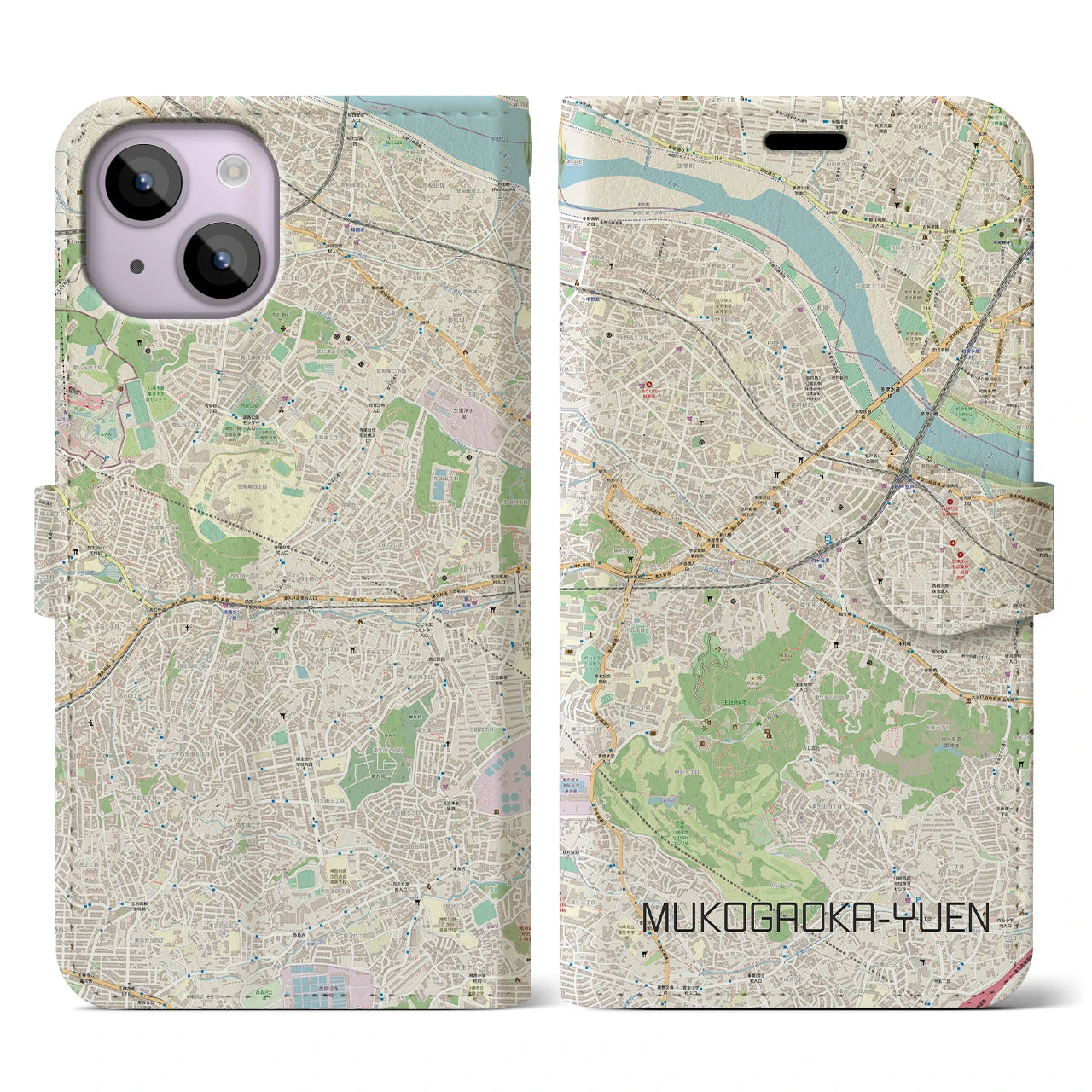 【向ヶ丘遊園】地図柄iPhoneケース（手帳両面タイプ・ナチュラル）iPhone 14 用