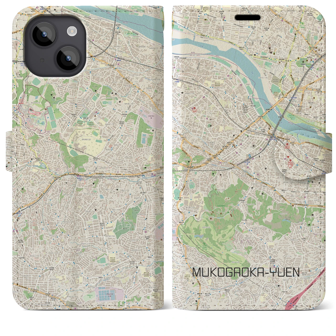 【向ヶ丘遊園】地図柄iPhoneケース（手帳両面タイプ・ナチュラル）iPhone 14 Plus 用