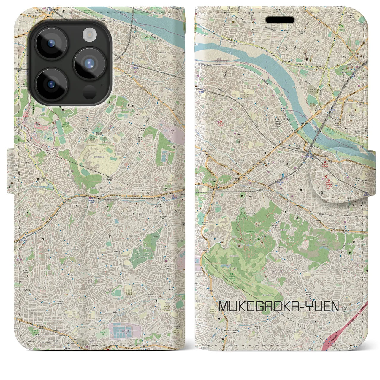 【向ヶ丘遊園】地図柄iPhoneケース（手帳両面タイプ・ナチュラル）iPhone 15 Pro Max 用