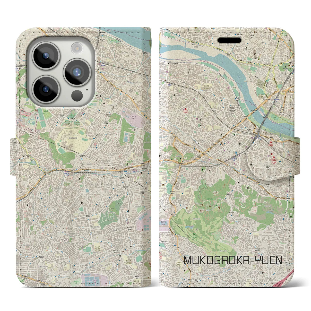 【向ヶ丘遊園】地図柄iPhoneケース（手帳両面タイプ・ナチュラル）iPhone 15 Pro 用