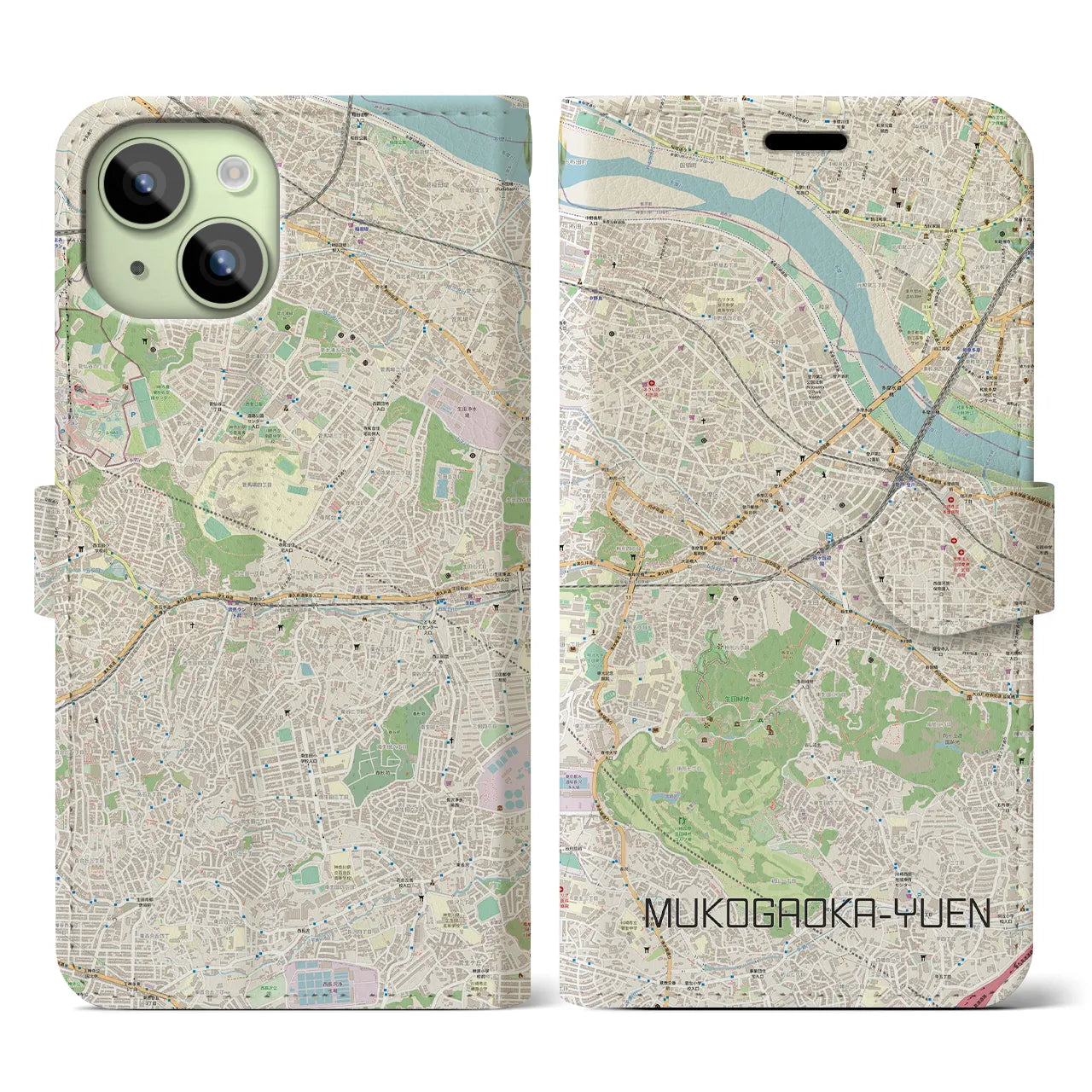 【向ヶ丘遊園】地図柄iPhoneケース（手帳両面タイプ・ナチュラル）iPhone 15 用