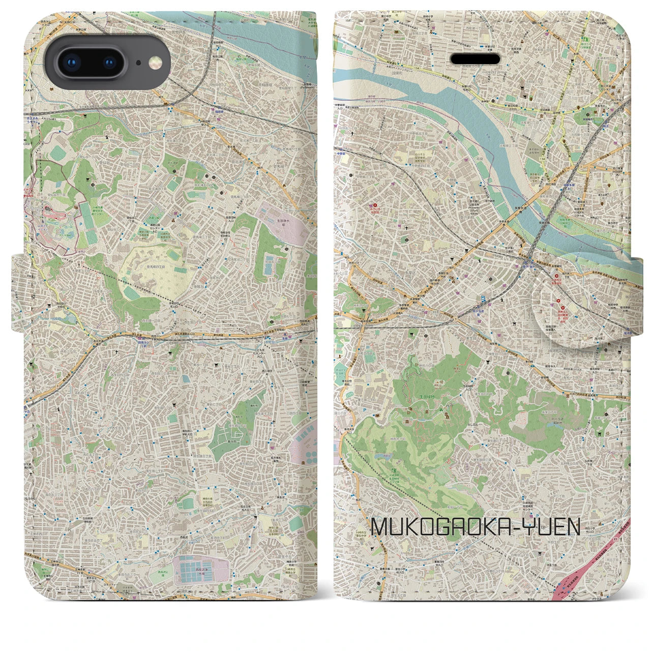 【向ヶ丘遊園】地図柄iPhoneケース（手帳両面タイプ・ナチュラル）iPhone 8Plus /7Plus / 6sPlus / 6Plus 用