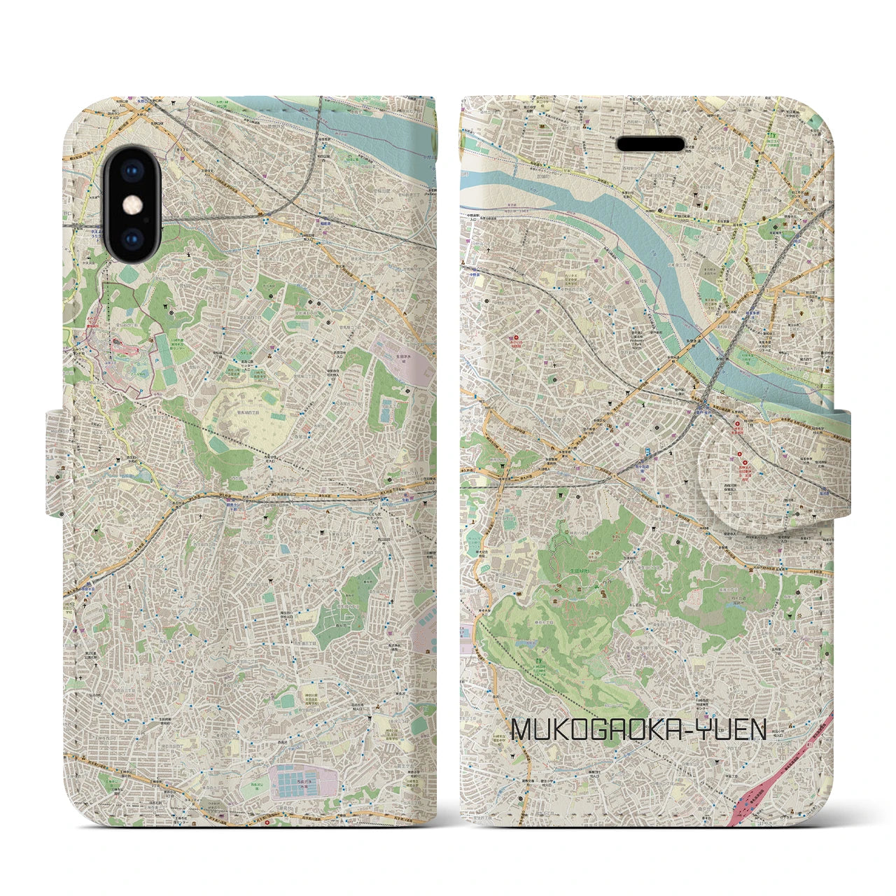 【向ヶ丘遊園】地図柄iPhoneケース（手帳両面タイプ・ナチュラル）iPhone XS / X 用