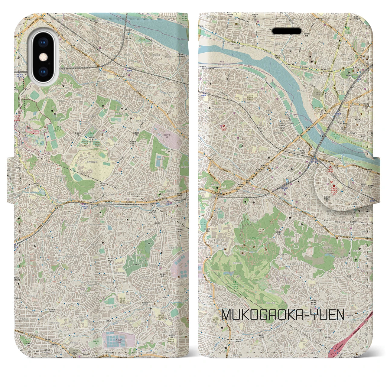 【向ヶ丘遊園】地図柄iPhoneケース（手帳両面タイプ・ナチュラル）iPhone XS Max 用