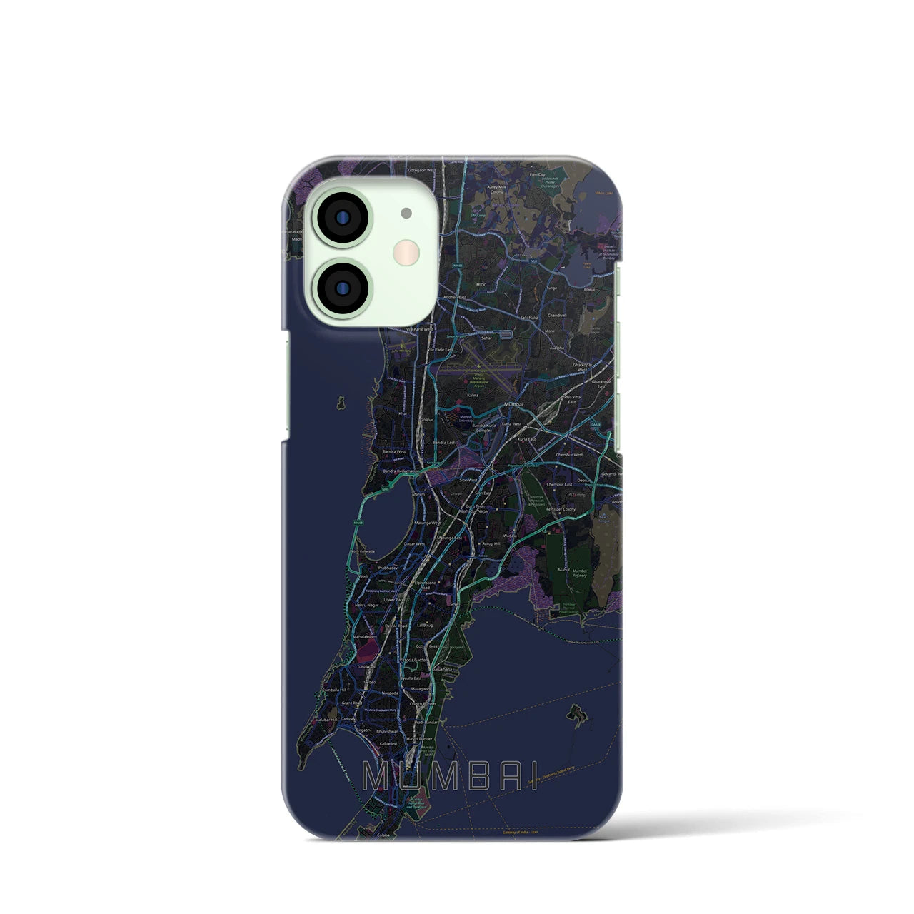 【ムンバイ】地図柄iPhoneケース（バックカバータイプ・ブラック）iPhone 12 mini 用
