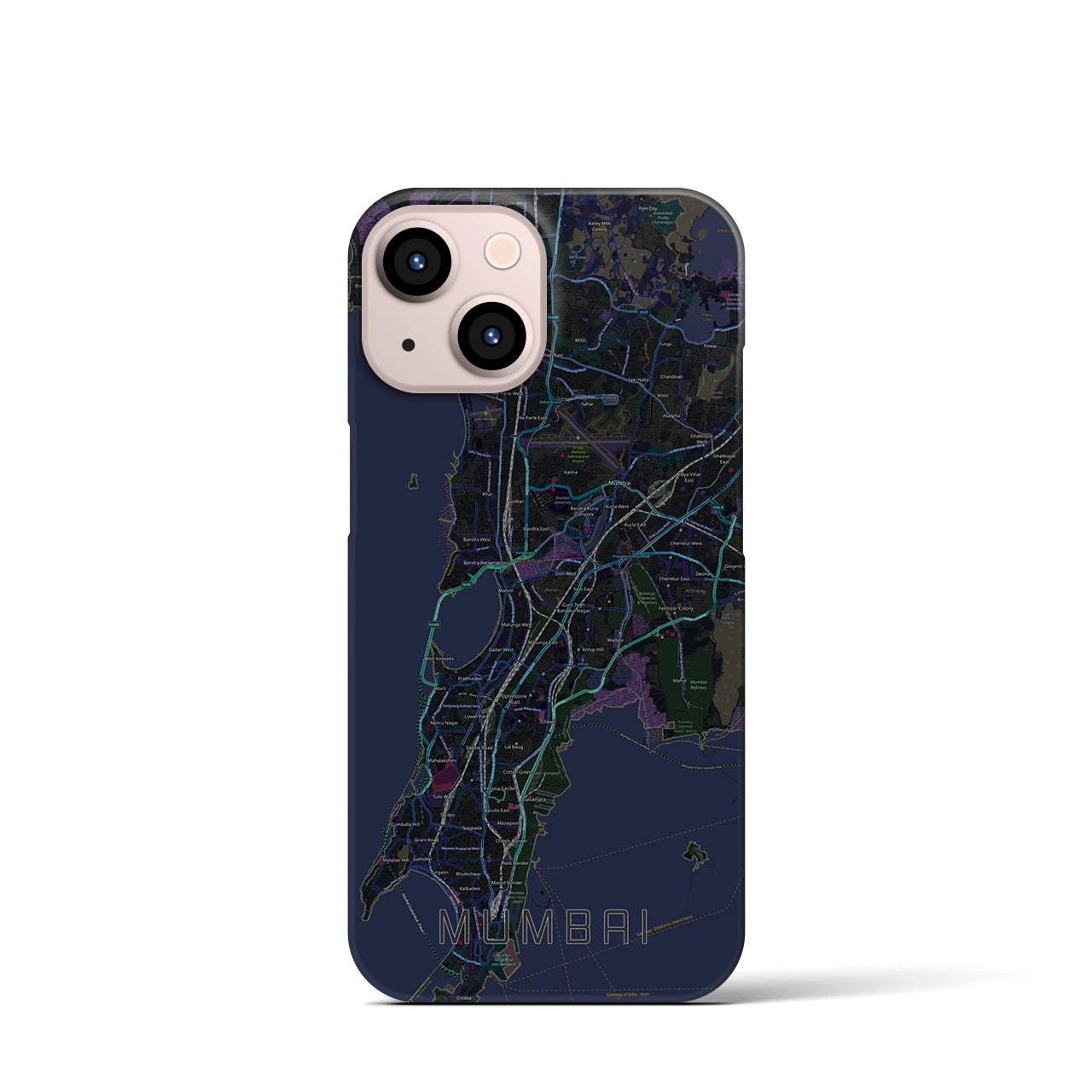 【ムンバイ】地図柄iPhoneケース（バックカバータイプ・ブラック）iPhone 13 mini 用