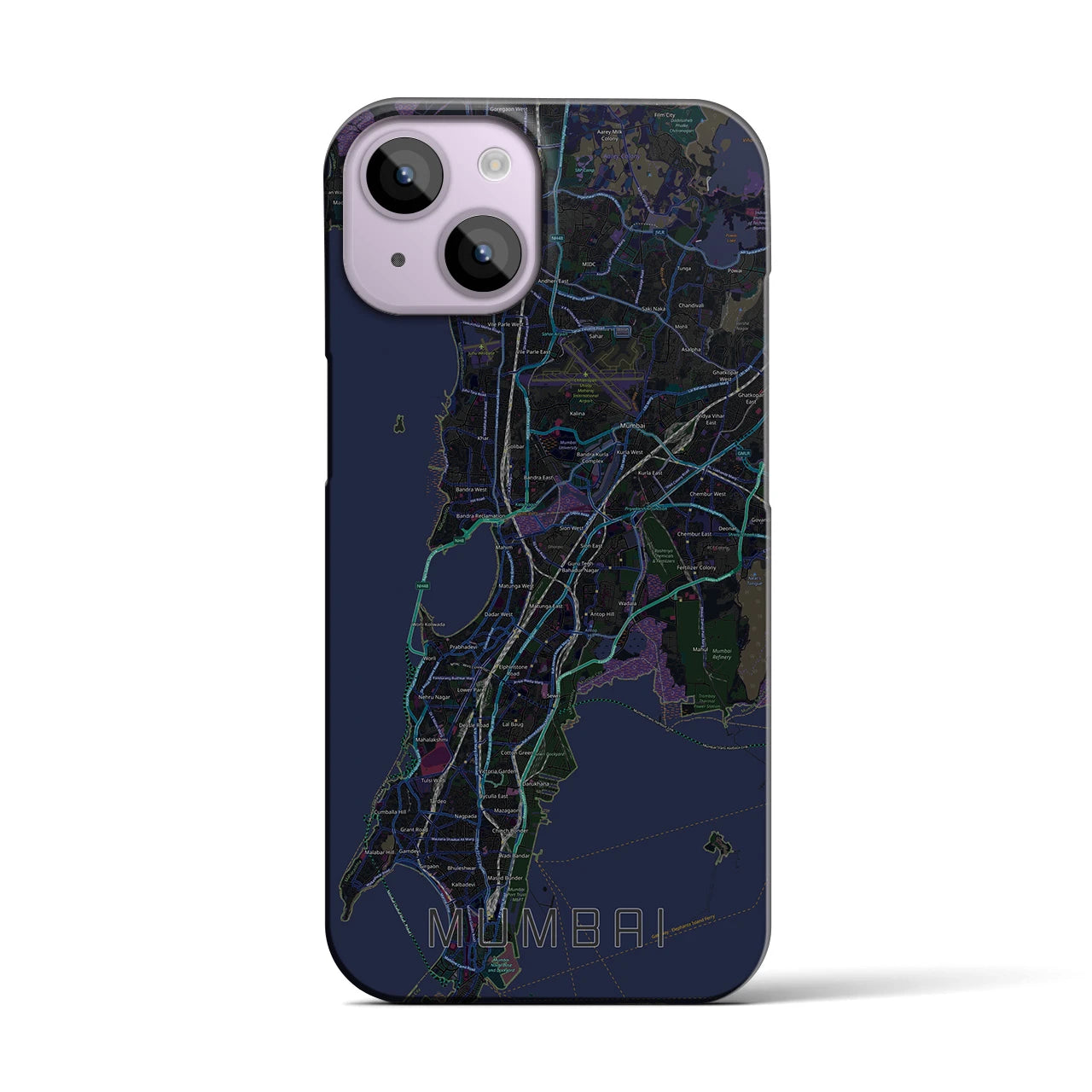 【ムンバイ】地図柄iPhoneケース（バックカバータイプ・ブラック）iPhone 14 用