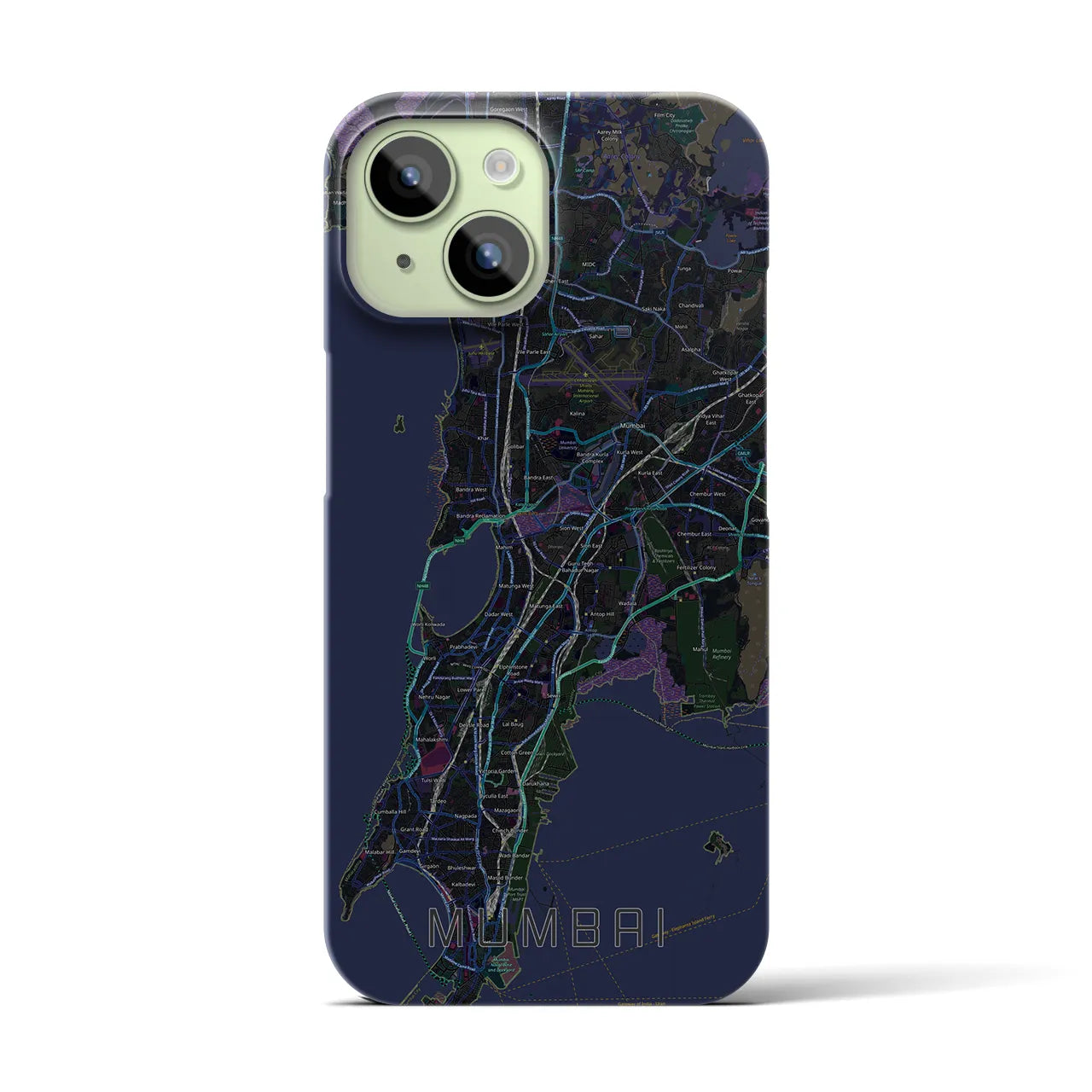 【ムンバイ】地図柄iPhoneケース（バックカバータイプ・ブラック）iPhone 15 用