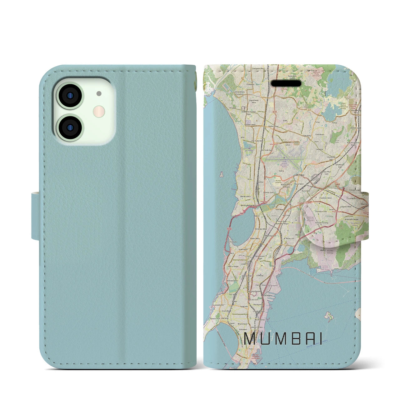 【ムンバイ】地図柄iPhoneケース（手帳両面タイプ・ナチュラル）iPhone 12 mini 用