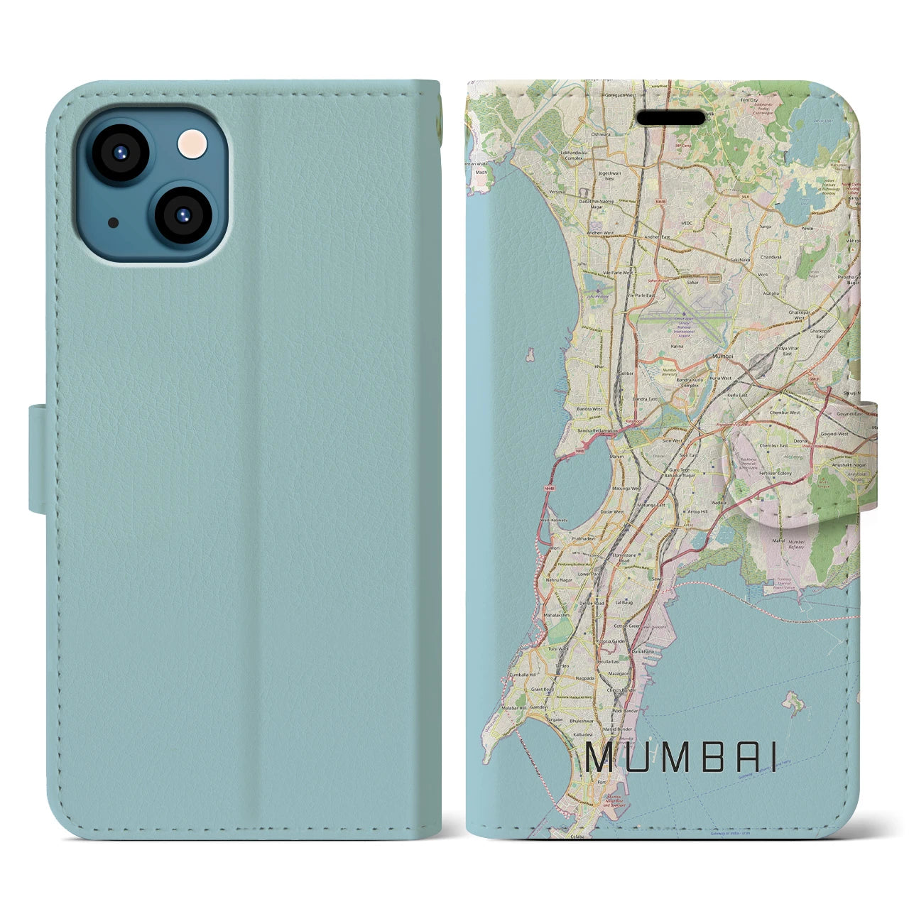 【ムンバイ】地図柄iPhoneケース（手帳両面タイプ・ナチュラル）iPhone 13 用