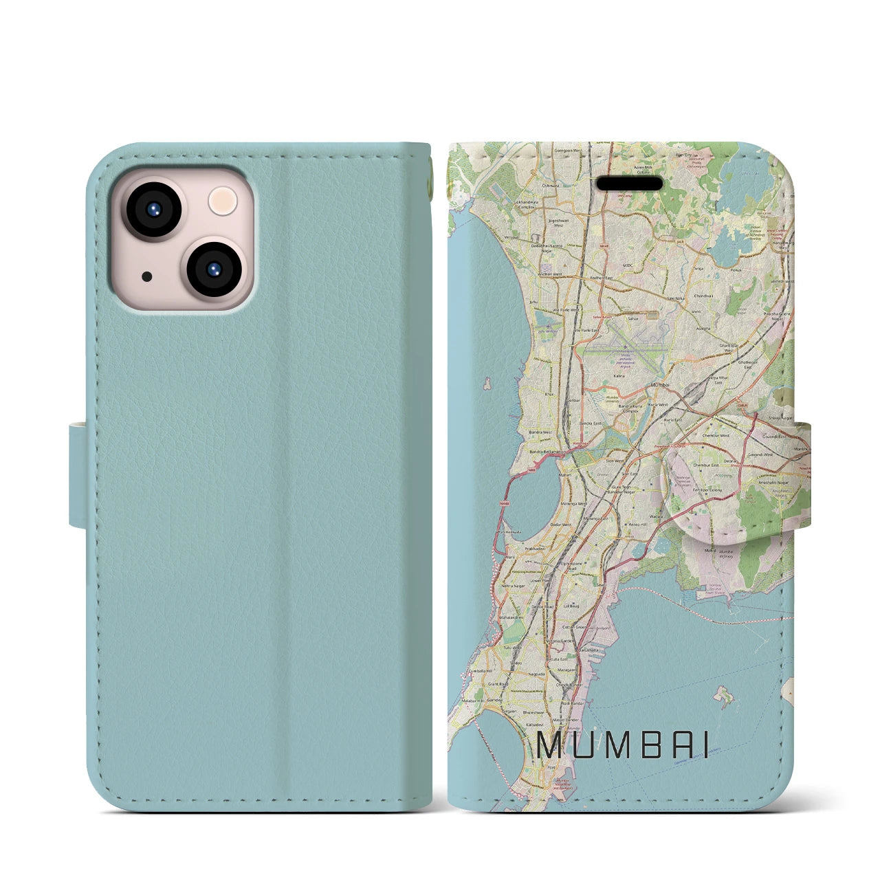 【ムンバイ】地図柄iPhoneケース（手帳両面タイプ・ナチュラル）iPhone 13 mini 用