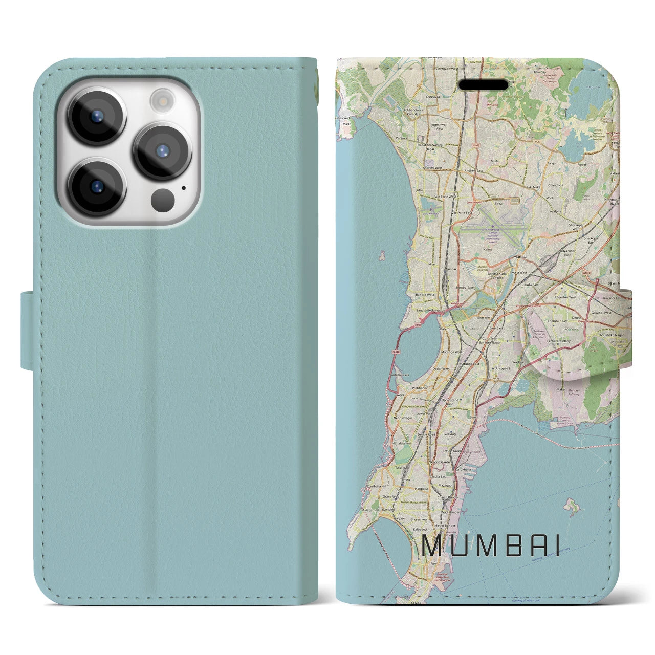 【ムンバイ】地図柄iPhoneケース（手帳両面タイプ・ナチュラル）iPhone 14 Pro 用