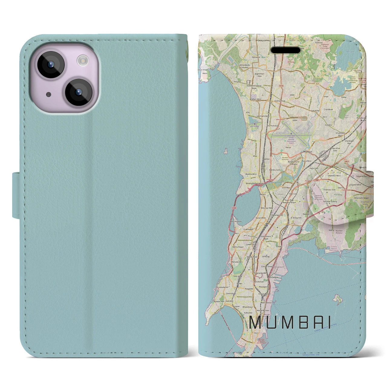 【ムンバイ】地図柄iPhoneケース（手帳両面タイプ・ナチュラル）iPhone 14 用