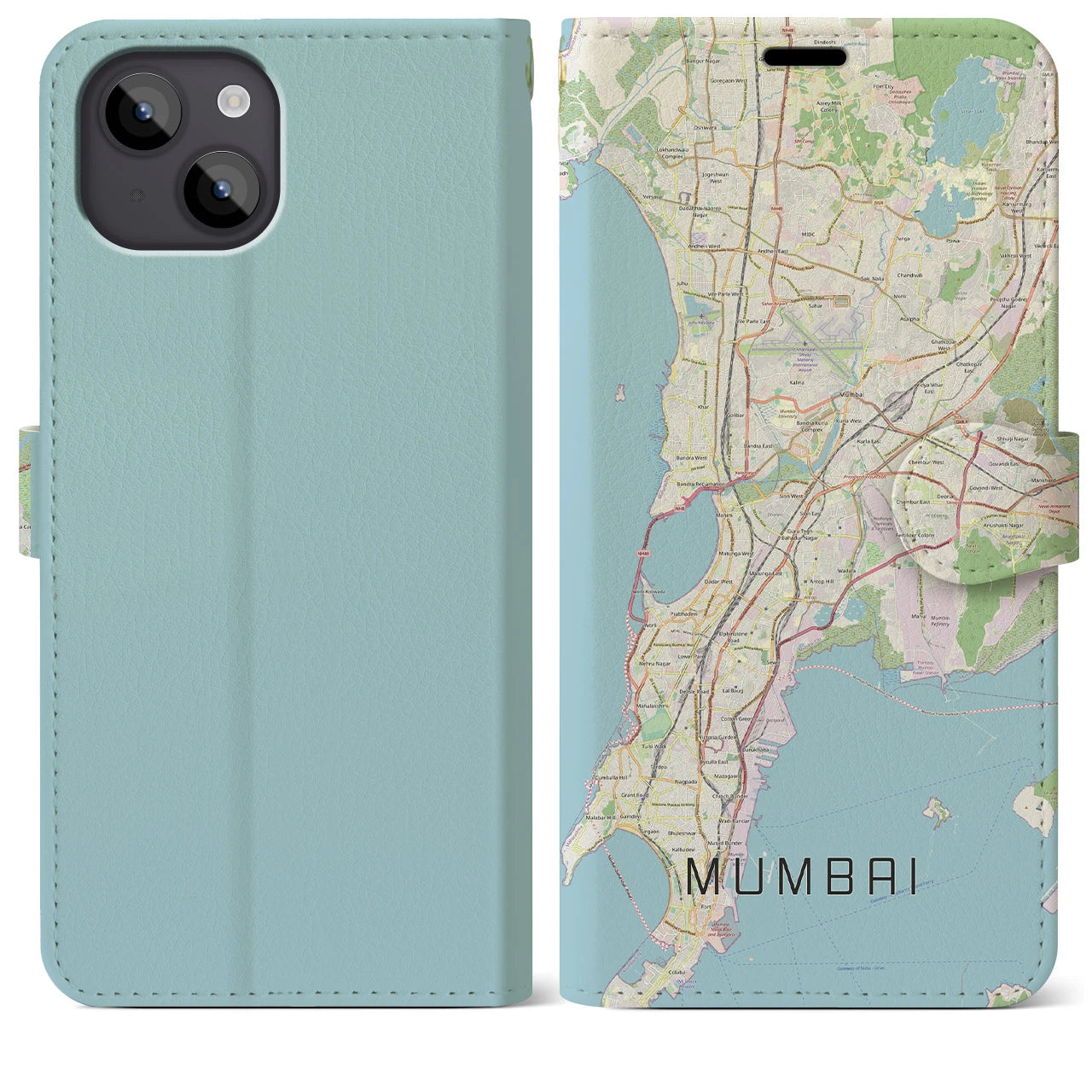 【ムンバイ】地図柄iPhoneケース（手帳両面タイプ・ナチュラル）iPhone 14 Plus 用