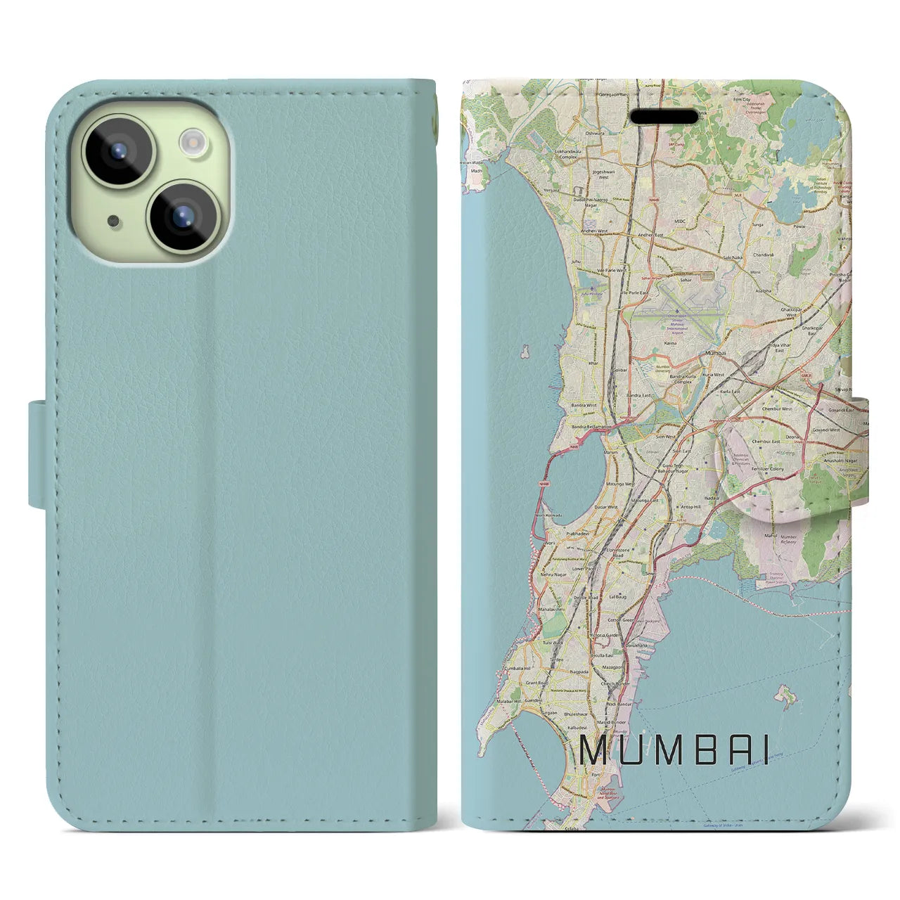 【ムンバイ】地図柄iPhoneケース（手帳両面タイプ・ナチュラル）iPhone 15 用