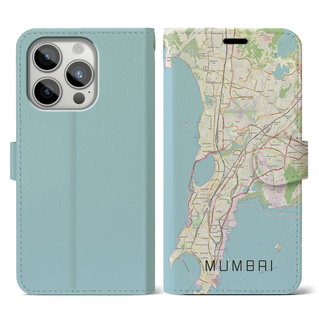 【ムンバイ】地図柄iPhoneケース（手帳両面タイプ・ナチュラル）iPhone 15 Pro 用