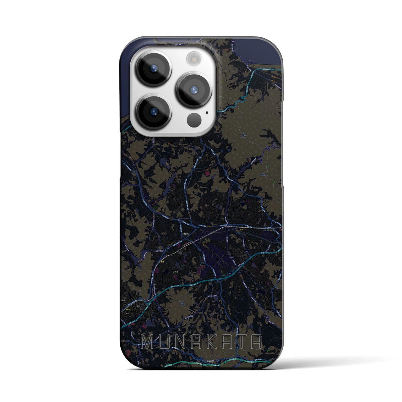 【宗像】地図柄iPhoneケース（バックカバータイプ・ブラック）iPhone 14 Pro 用