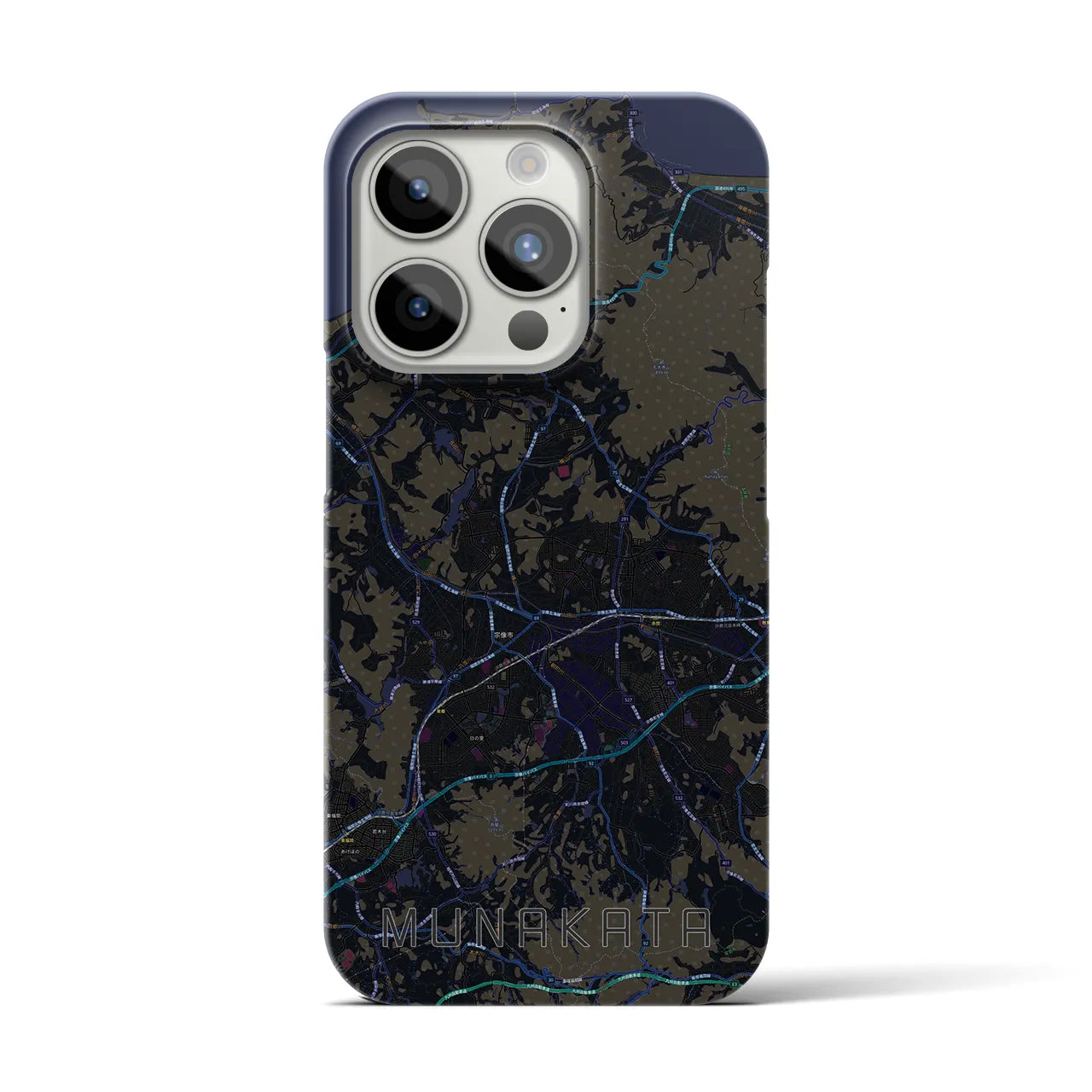 【宗像】地図柄iPhoneケース（バックカバータイプ・ブラック）iPhone 15 Pro 用