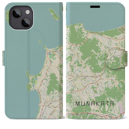 【宗像（福岡県）】地図柄iPhoneケース（手帳タイプ）ナチュラル・iPhone 14 Plus 用