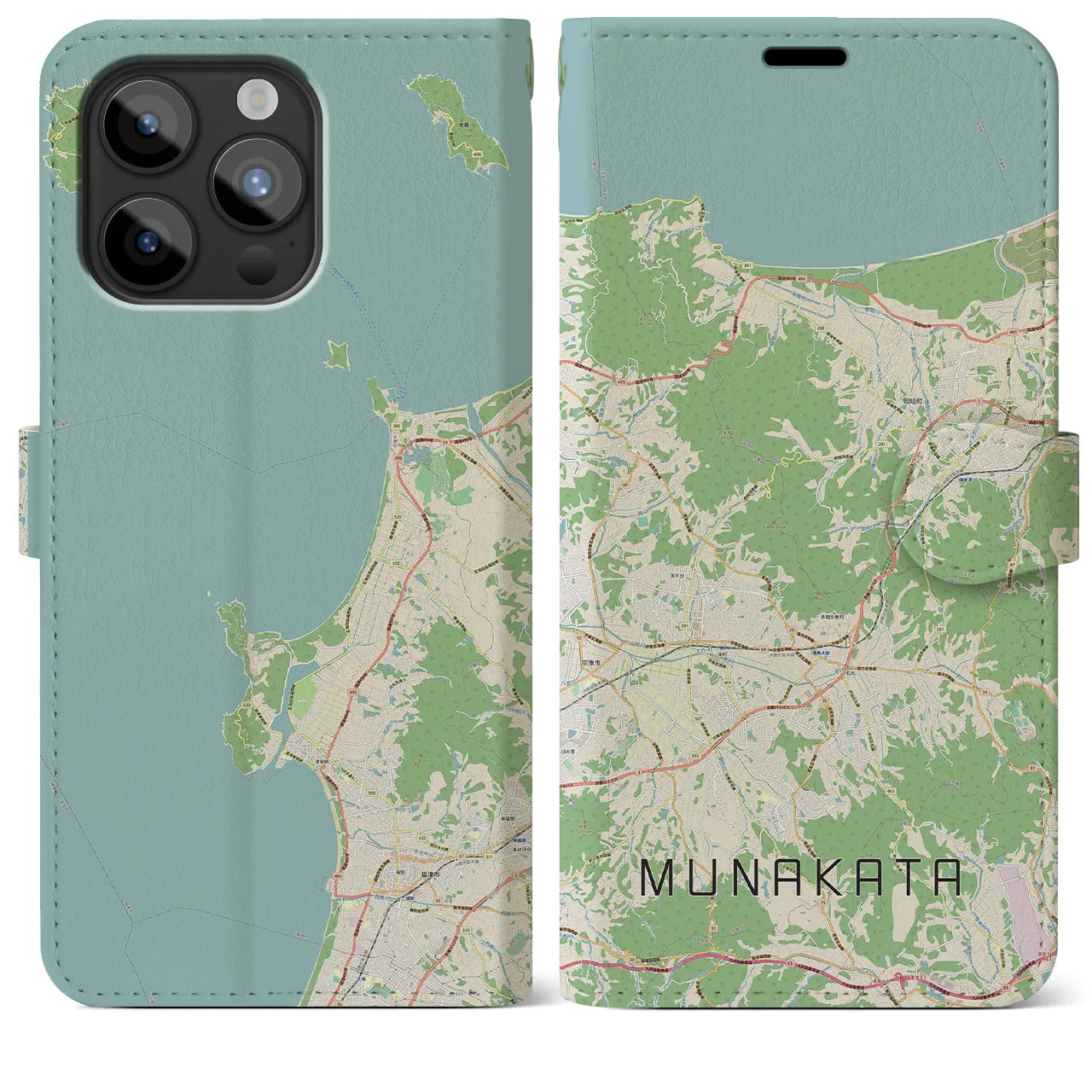 【宗像】地図柄iPhoneケース（手帳両面タイプ・ナチュラル）iPhone 15 Pro Max 用