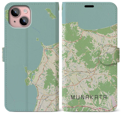 【宗像（福岡県）】地図柄iPhoneケース（手帳タイプ）ナチュラル・iPhone 15 Plus 用