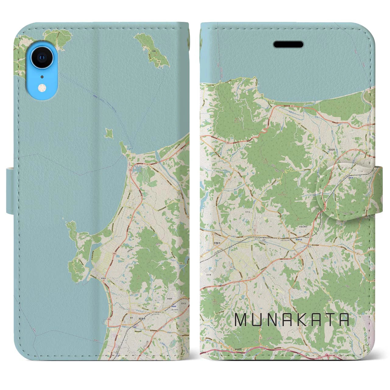 【宗像】地図柄iPhoneケース（手帳両面タイプ・ナチュラル）iPhone XR 用