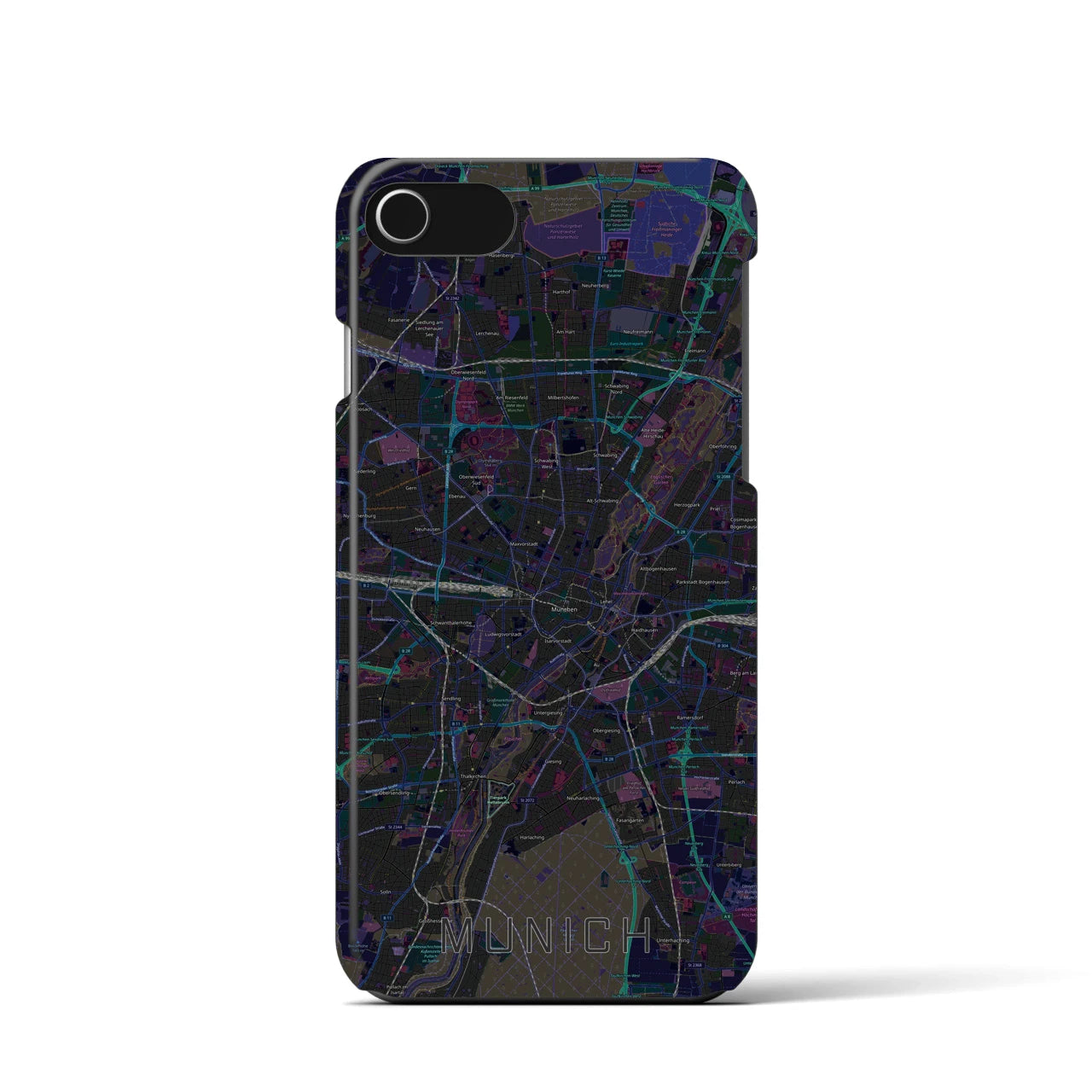 【ミュンヘン】地図柄iPhoneケース（バックカバータイプ・ブラック）iPhone SE（第3 / 第2世代） / 8 / 7 / 6s / 6 用