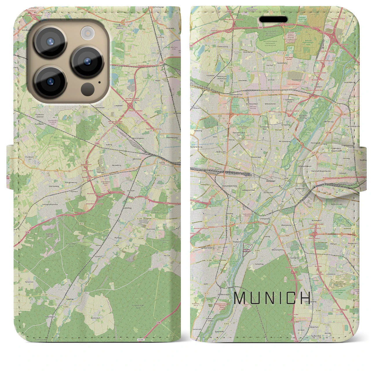 【ミュンヘン】地図柄iPhoneケース（手帳両面タイプ・ナチュラル）iPhone 14 Pro Max 用