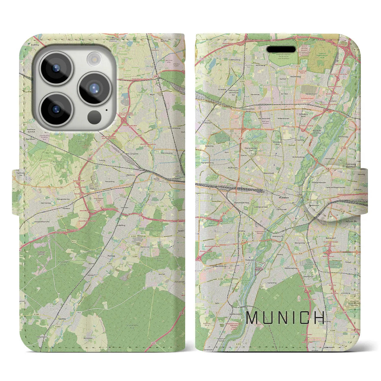 【ミュンヘン】地図柄iPhoneケース（手帳両面タイプ・ナチュラル）iPhone 15 Pro 用