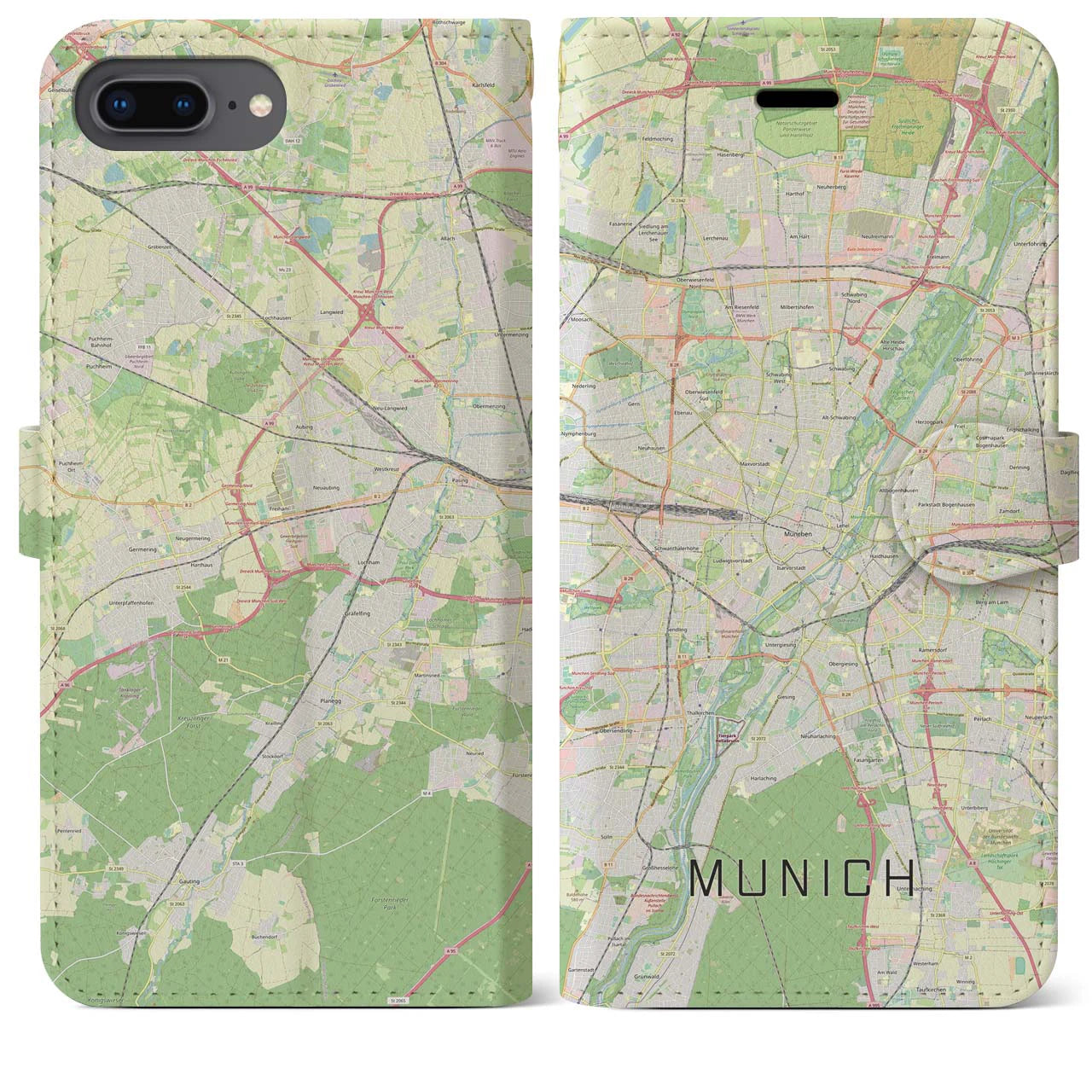 【ミュンヘン】地図柄iPhoneケース（手帳両面タイプ・ナチュラル）iPhone 8Plus /7Plus / 6sPlus / 6Plus 用