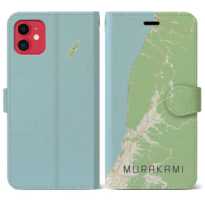 【村上（新潟県）】地図柄iPhoneケース（手帳タイプ）ナチュラル・iPhone 11 用