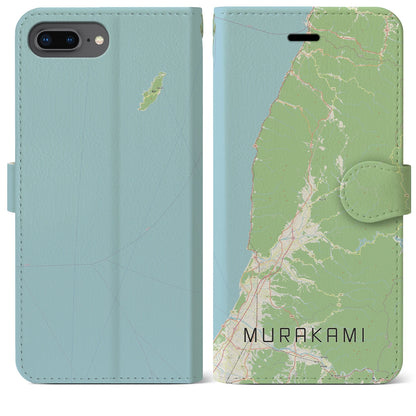 【村上（新潟県）】地図柄iPhoneケース（手帳タイプ）ナチュラル・iPhone 8Plus /7Plus / 6sPlus / 6Plus 用