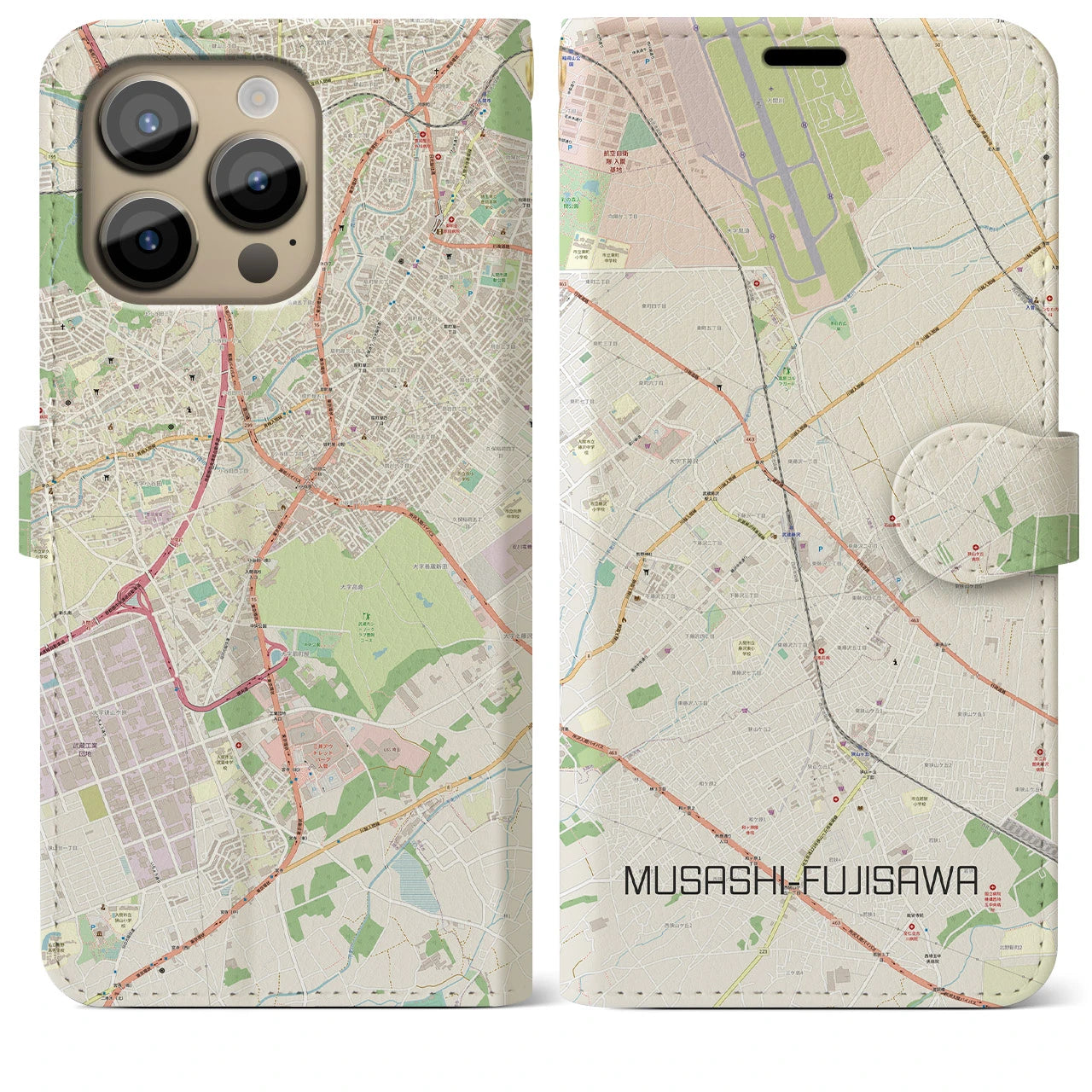 【武蔵藤沢】地図柄iPhoneケース（手帳両面タイプ・ナチュラル）iPhone 14 Pro Max 用