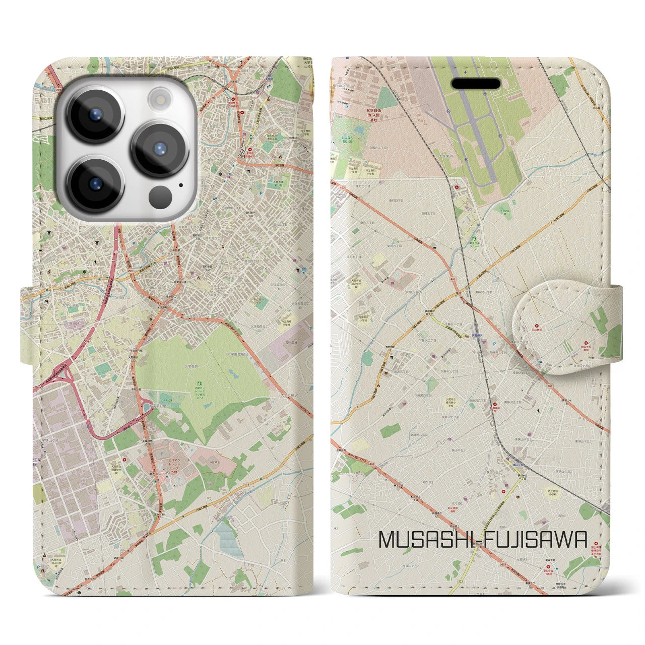 【武蔵藤沢】地図柄iPhoneケース（手帳両面タイプ・ナチュラル）iPhone 14 Pro 用