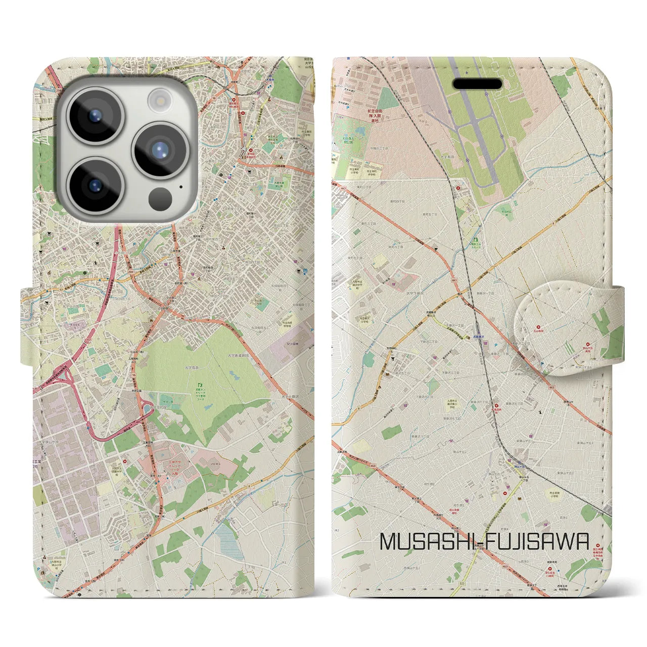 【武蔵藤沢】地図柄iPhoneケース（手帳両面タイプ・ナチュラル）iPhone 15 Pro 用