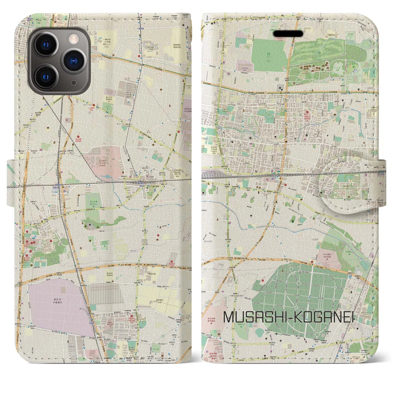 【武蔵小金井】地図柄iPhoneケース（手帳両面タイプ・ナチュラル）iPhone 11 Pro Max 用