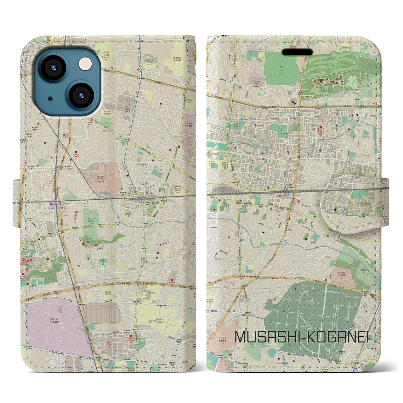 【武蔵小金井】地図柄iPhoneケース（手帳両面タイプ・ナチュラル）iPhone 13 用