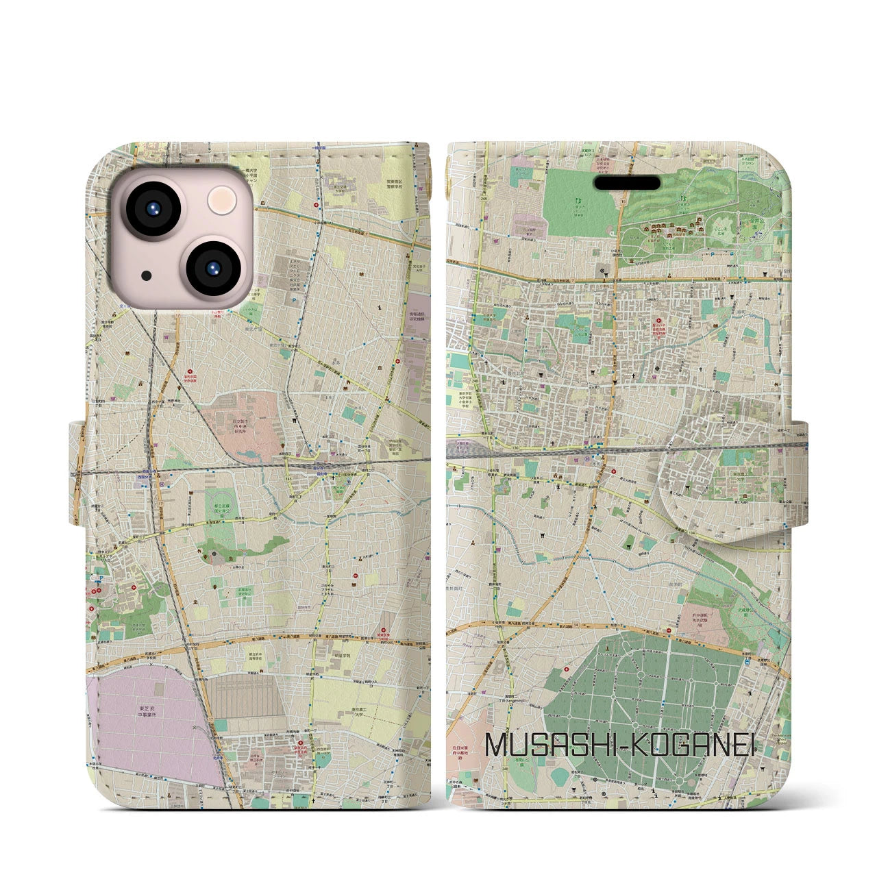 【武蔵小金井】地図柄iPhoneケース（手帳両面タイプ・ナチュラル）iPhone 13 mini 用