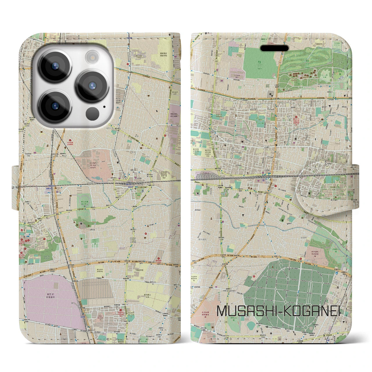【武蔵小金井】地図柄iPhoneケース（手帳両面タイプ・ナチュラル）iPhone 14 Pro 用