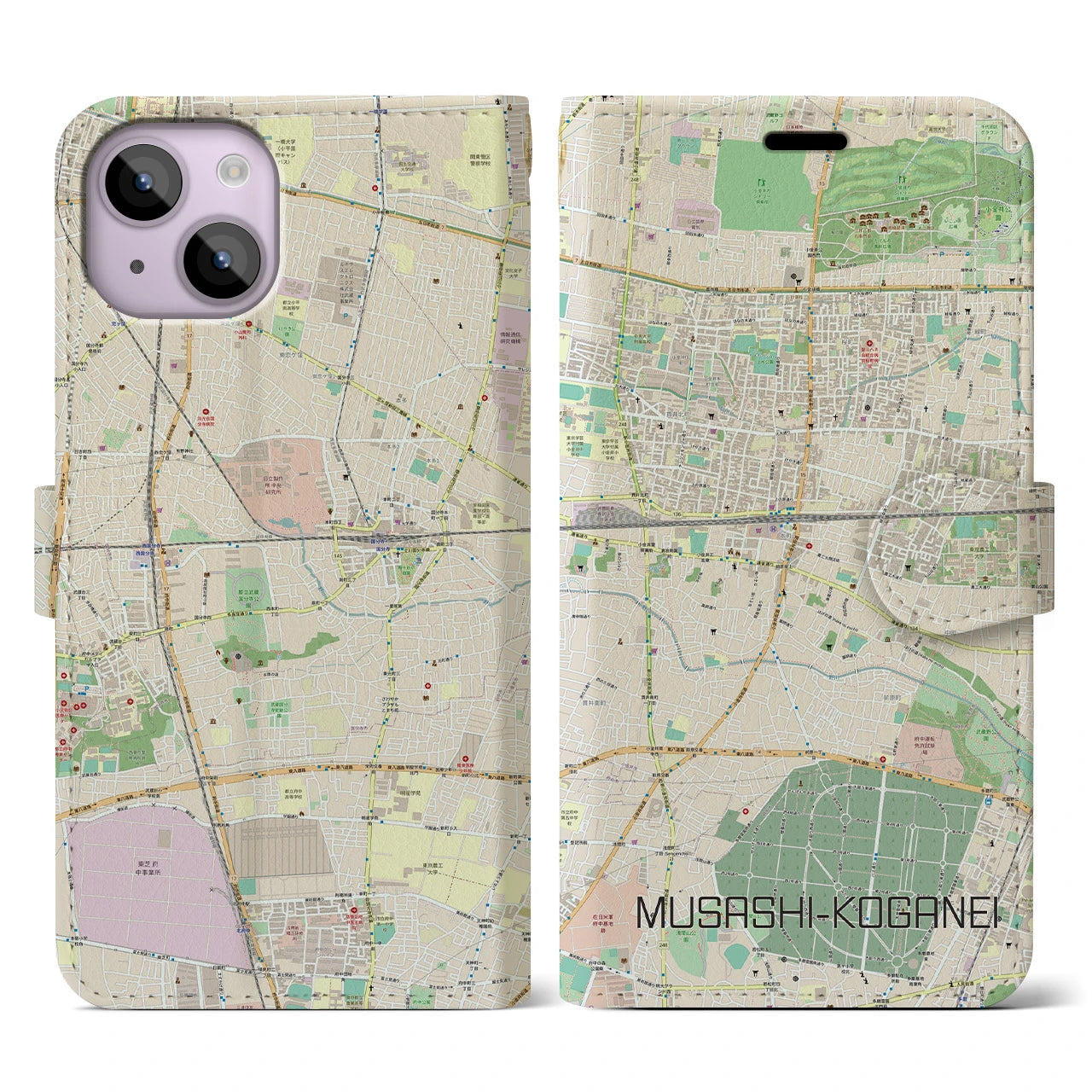 【武蔵小金井】地図柄iPhoneケース（手帳両面タイプ・ナチュラル）iPhone 14 用