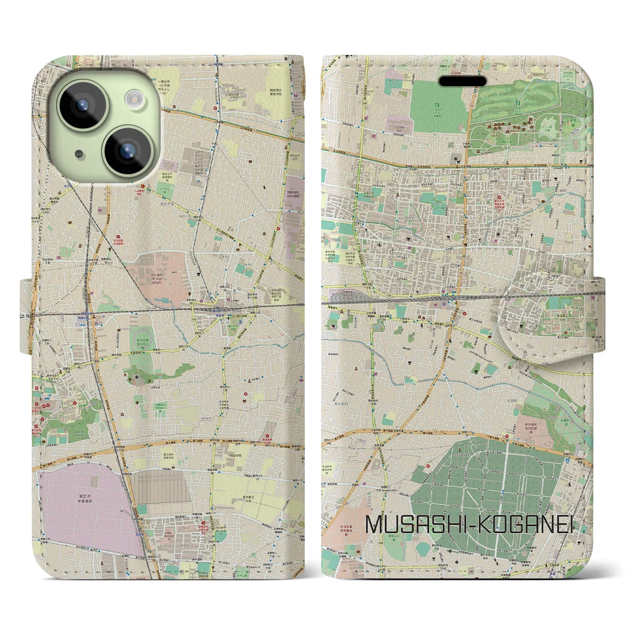 【武蔵小金井】地図柄iPhoneケース（手帳両面タイプ・ナチュラル）iPhone 15 用