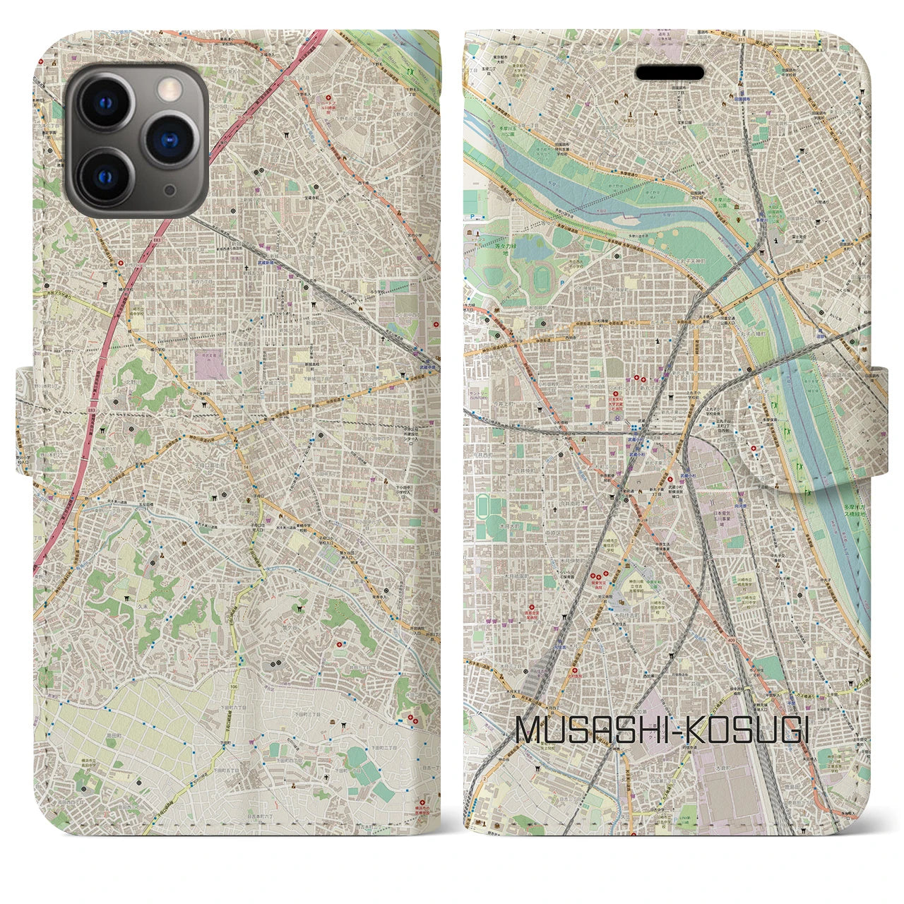 【武蔵小杉】地図柄iPhoneケース（手帳両面タイプ・ナチュラル）iPhone 11 Pro Max 用