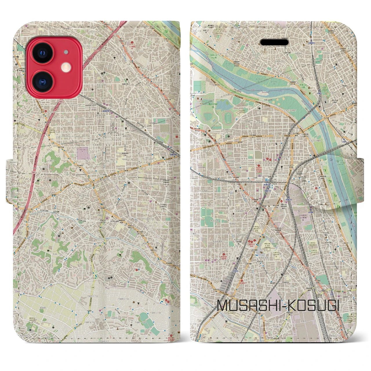 【武蔵小杉】地図柄iPhoneケース（手帳両面タイプ・ナチュラル）iPhone 11 用