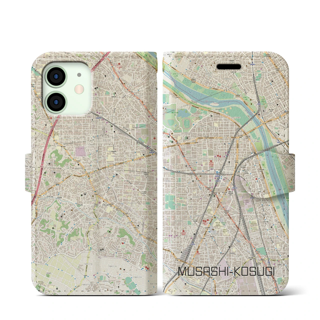 【武蔵小杉】地図柄iPhoneケース（手帳両面タイプ・ナチュラル）iPhone 12 mini 用