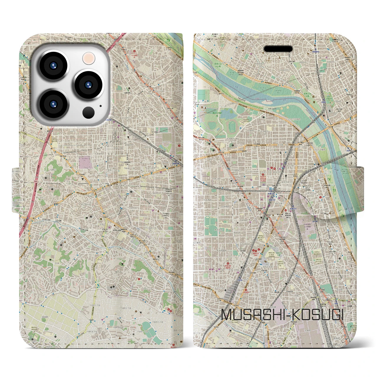 【武蔵小杉】地図柄iPhoneケース（手帳両面タイプ・ナチュラル）iPhone 13 Pro 用